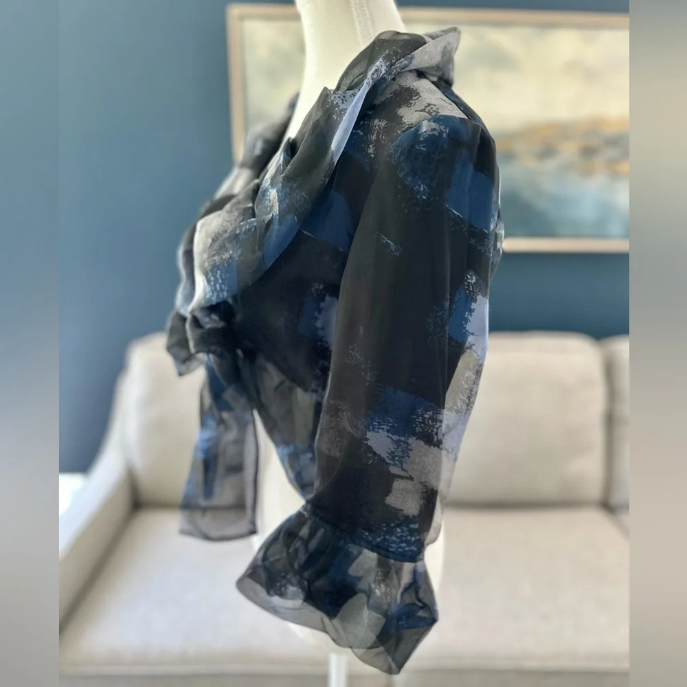 Samuel Dong 100% Silk Organza Crop Bolero Jacket, Blue/Black/Gray Print, Sz S - Picture 8 of 12